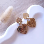 boucles d'oreilles coeur doré pendantes style cadenas avec motif floral gravé  bijou femme acier inoxydable