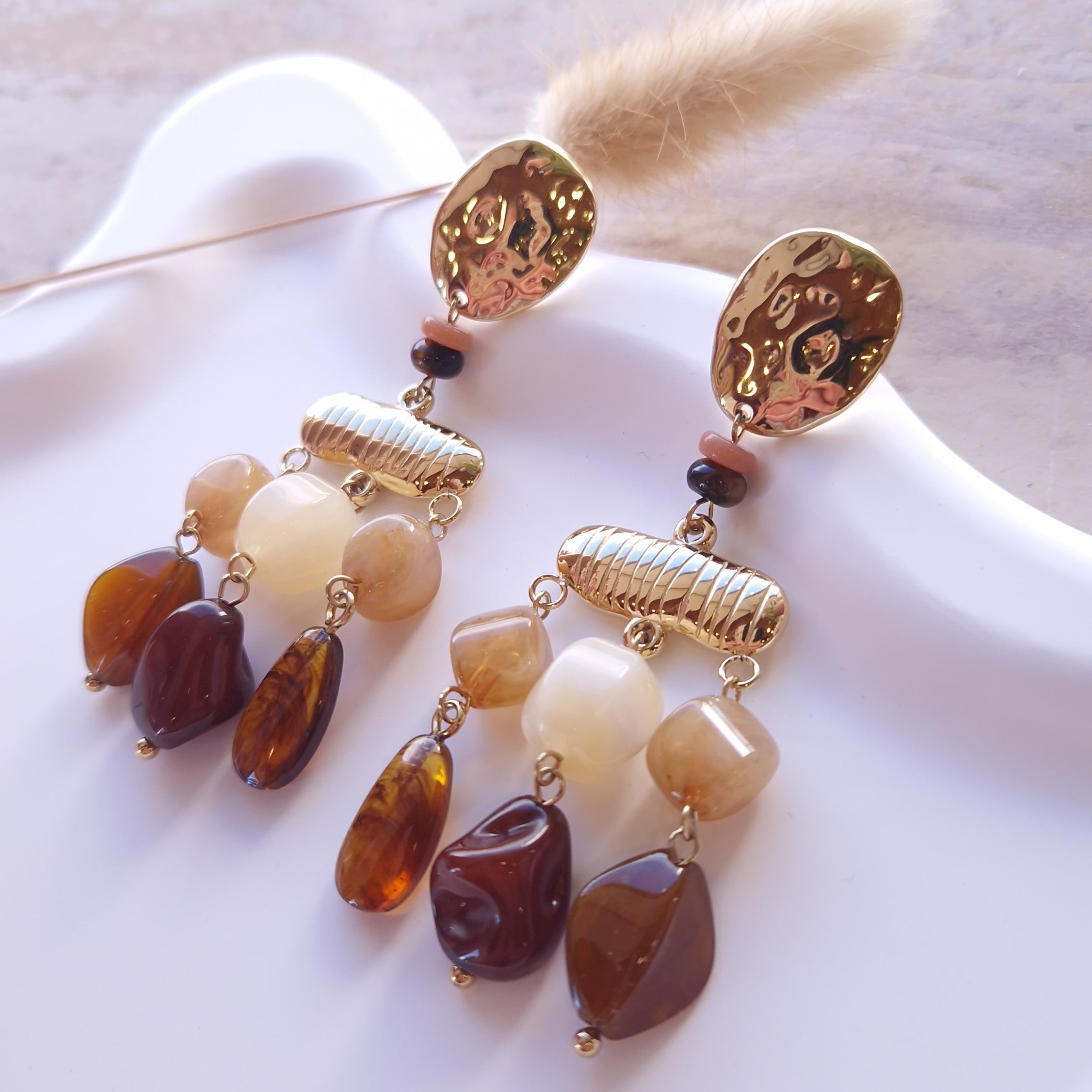 boucles d'oreilles femme longues style bohème doré avec perles acrylique tendance en acier inoxydable 