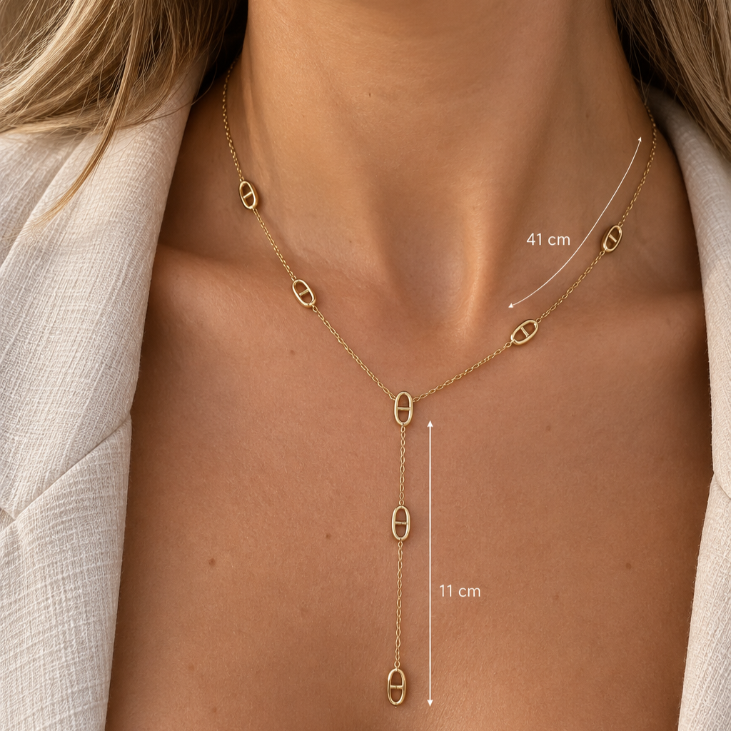 Collier Charlie acier inoxydable doré en Y maille marine – porté avec dimensions