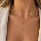 Collier Charlie acier inoxydable doré en Y maille marine – porté avec dimensions