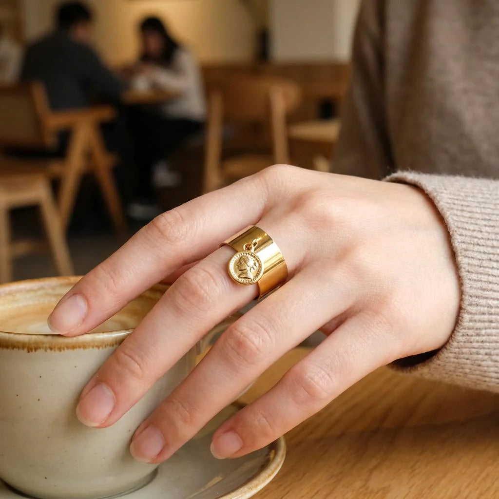 bague tendance bague breloque style pièce de monnaie acier inoxydable et résistant à l'eau