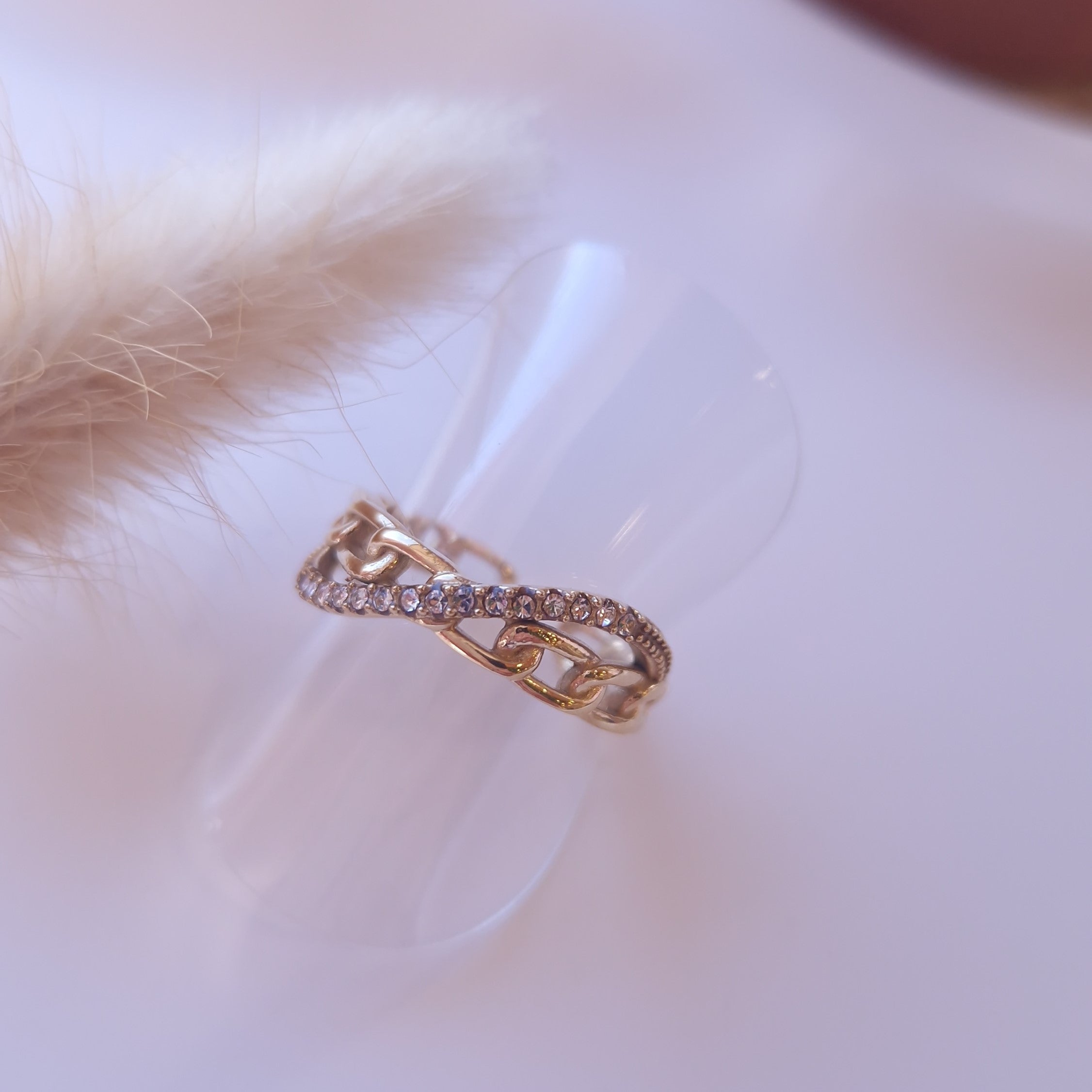 bague effet chaine et strass acier inoxydable résistant à l'eau doré