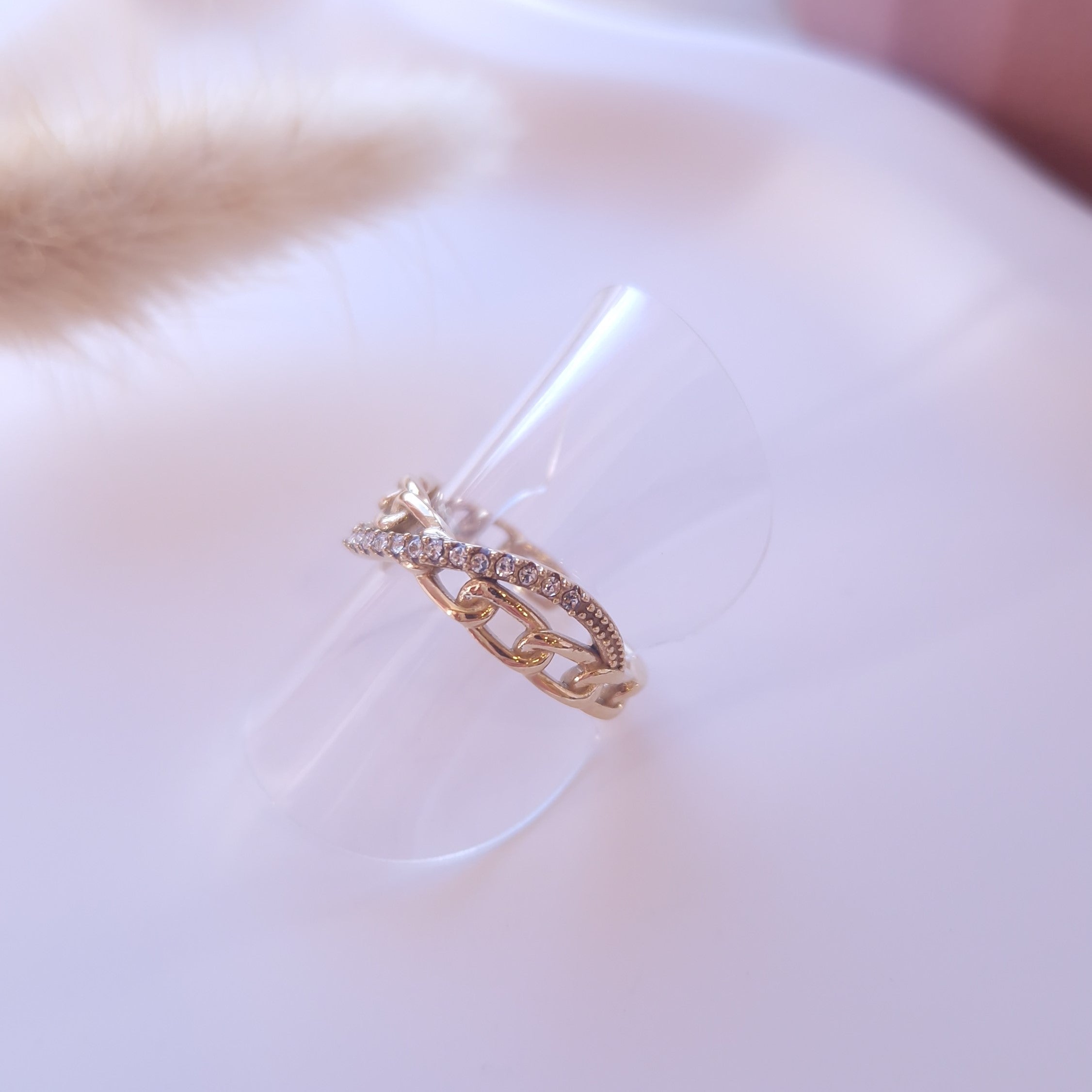 bague doré tendance femme effet chaine et bande strass acier inoxydable 