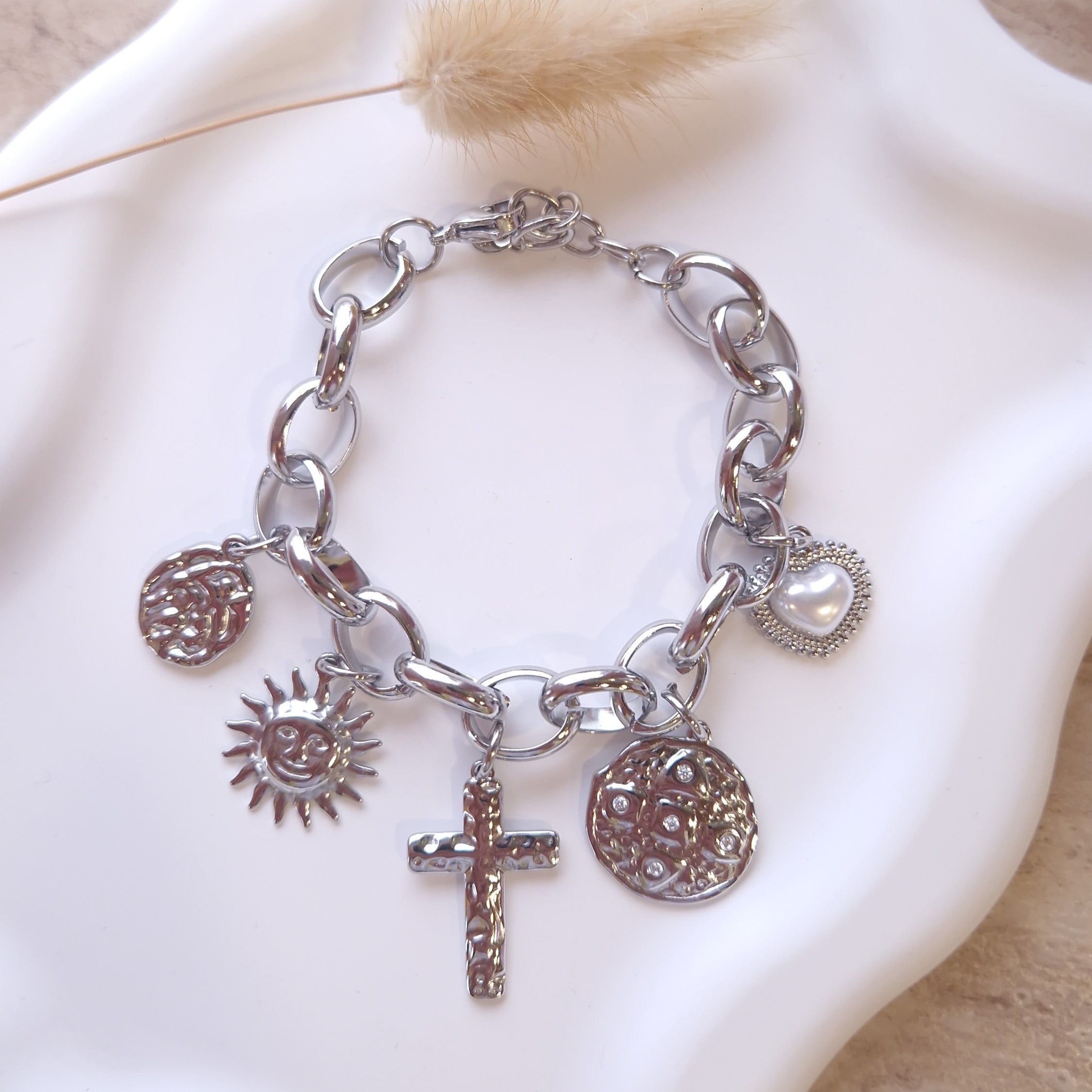 bracelet argenté femme breloque été soleil croix coeur bracelet tendance 