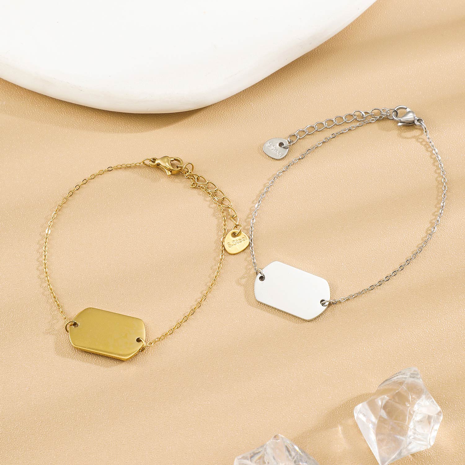 bracelet médaille rectangle a graver personnalisable acier inoxydable idée cadeau anniversaire, fête des mères, cérémonie, saint valentin