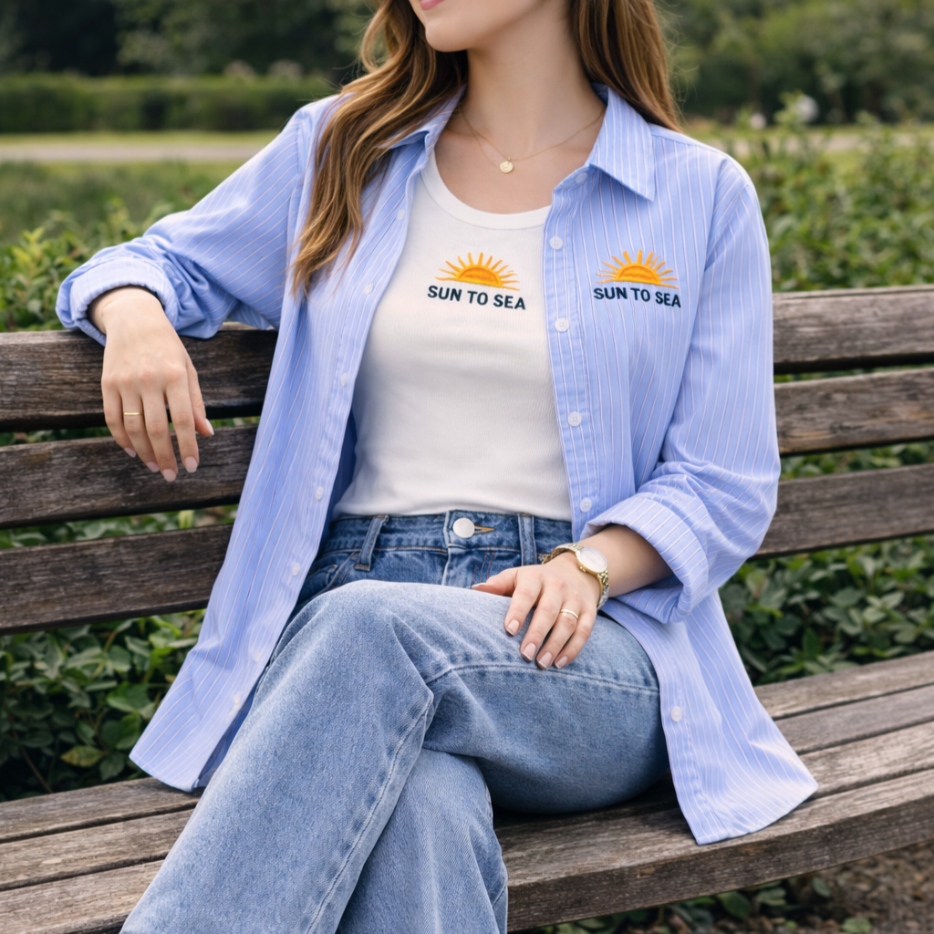 ensemble chemise femme rayé bleu et débardeur blanc brodé soleil