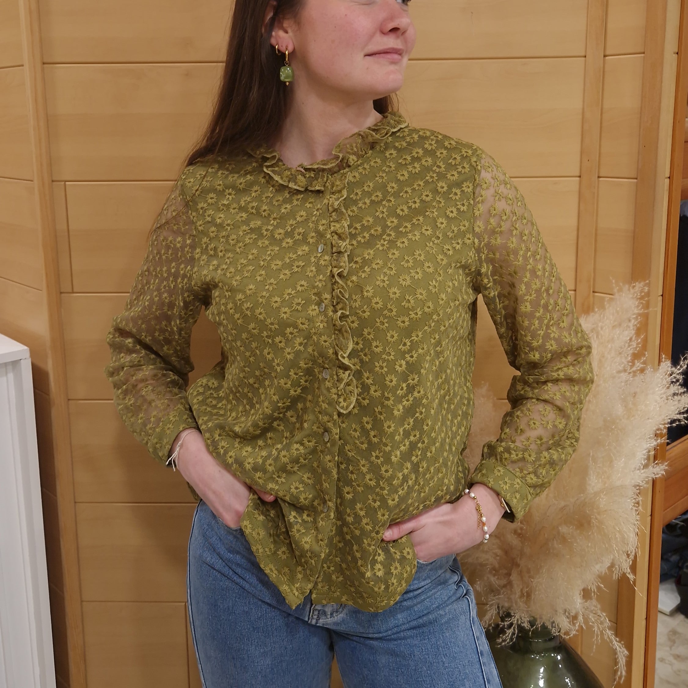 chemise verte femme brodée manches longues style bohème chic