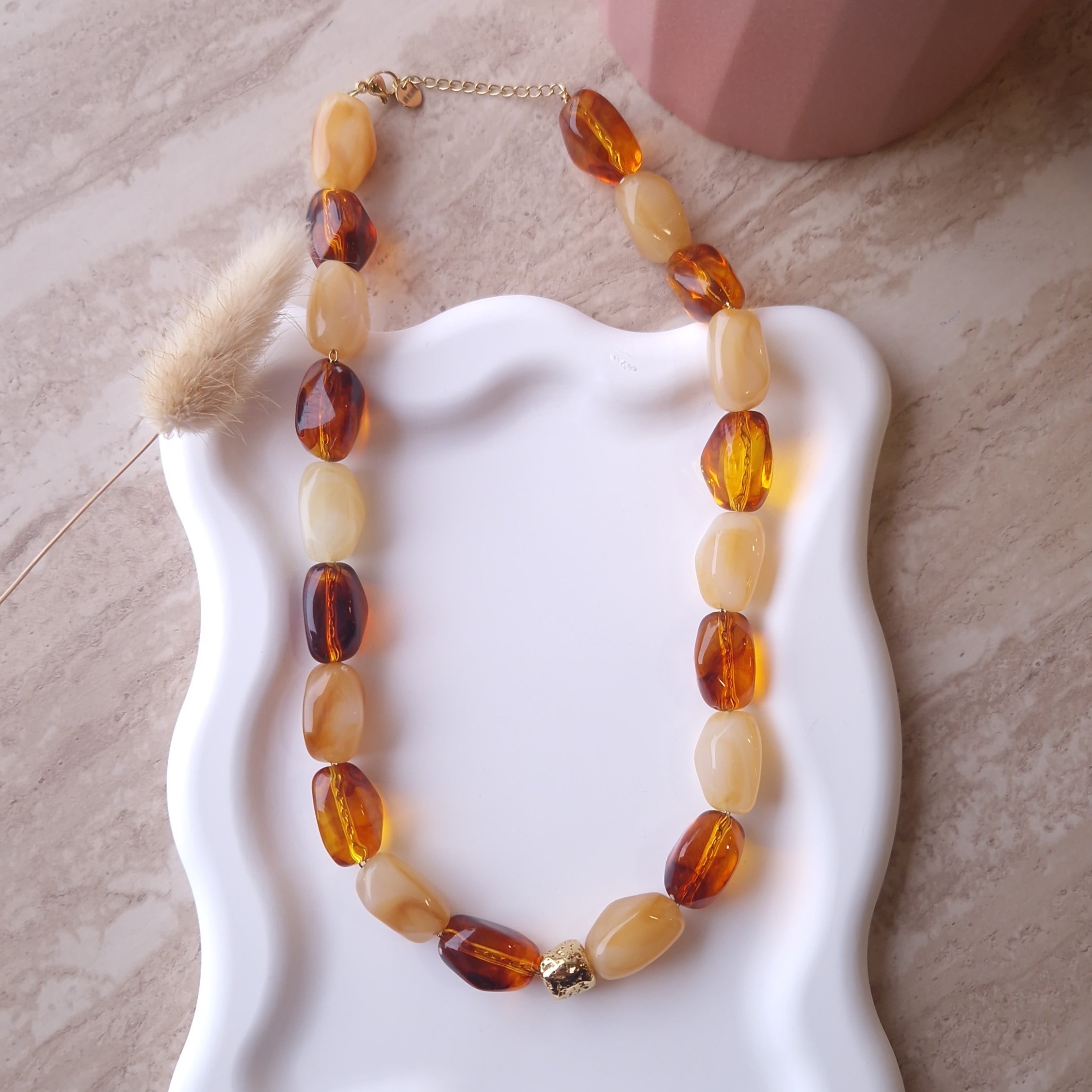 collier perle effet ambre femme et acier inoxydable