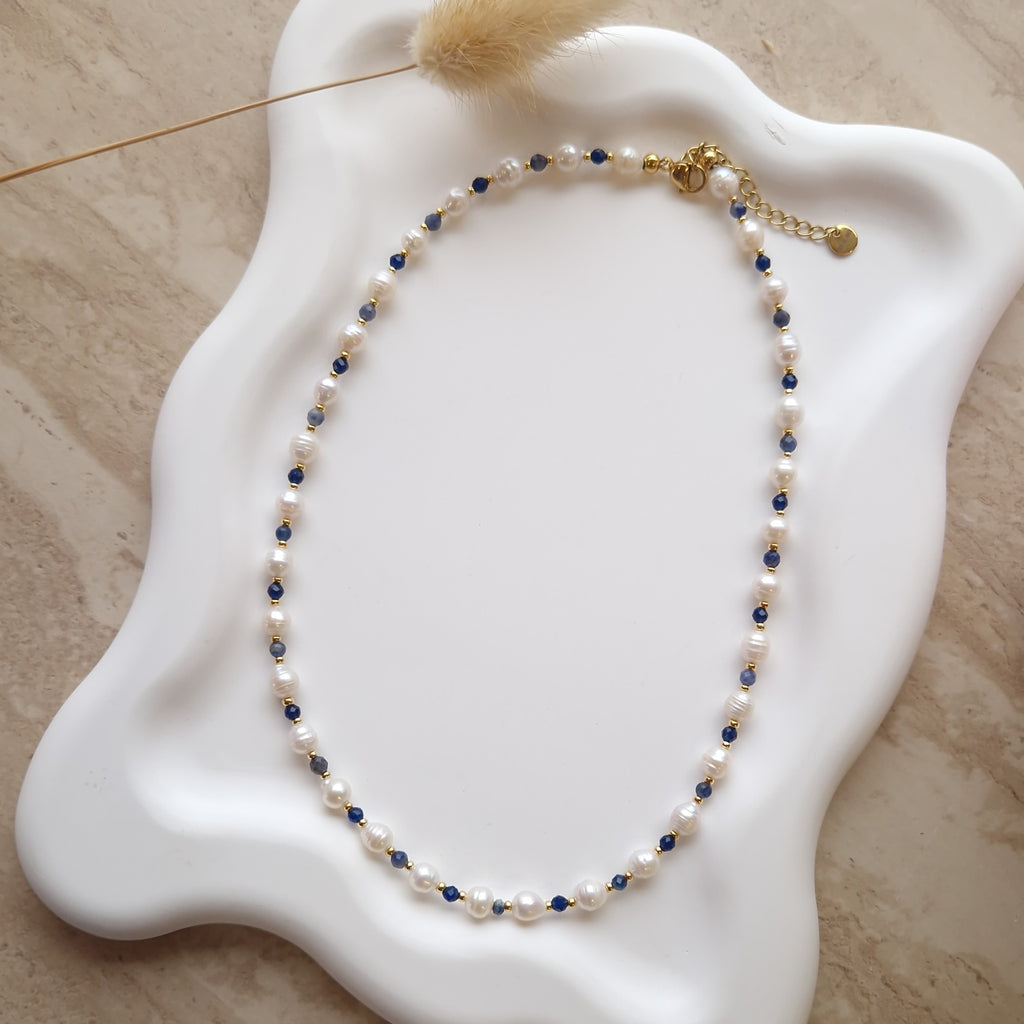 collier style chic en acier inoxydable collier ras du cou perles bleue et perles d'eau douce