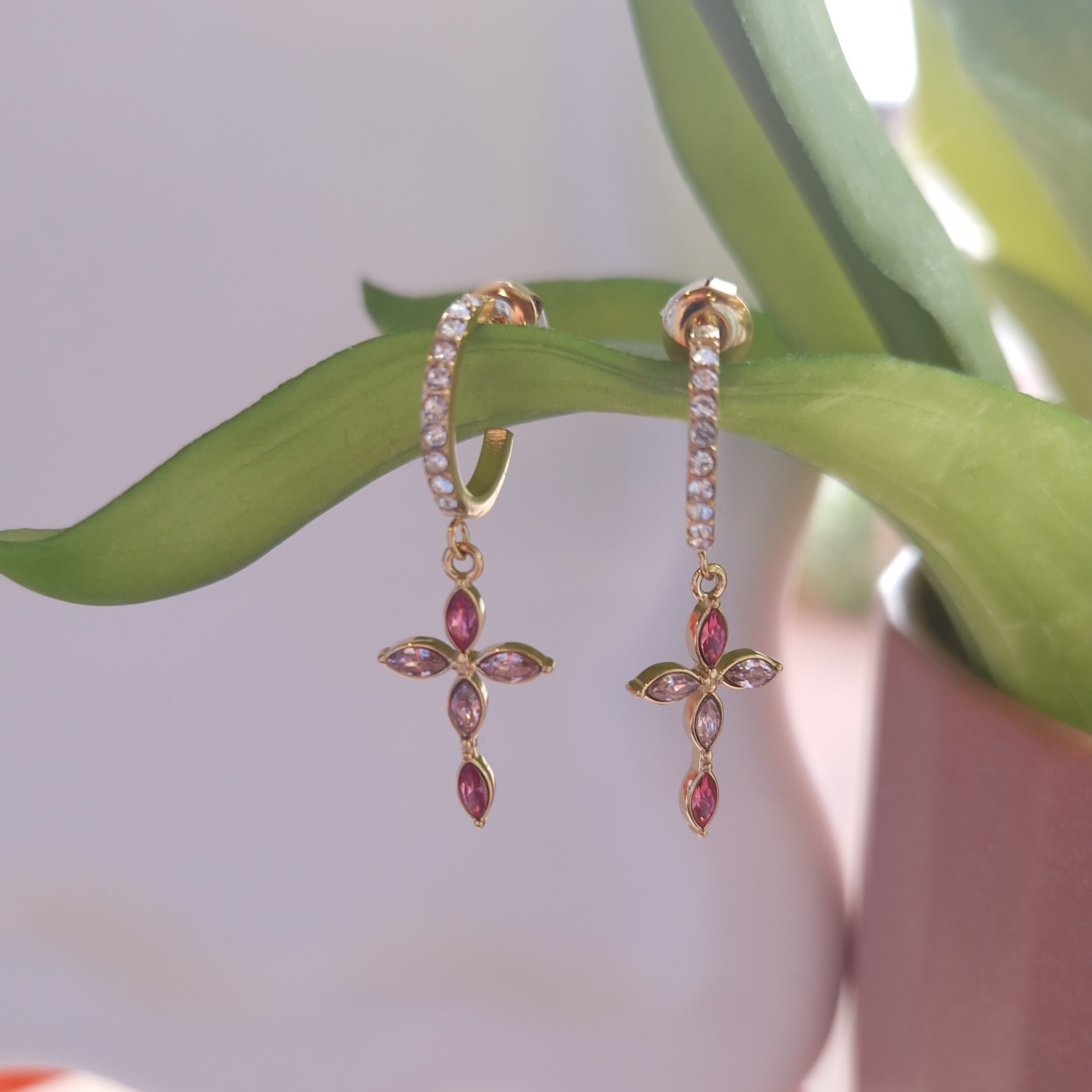 créole croix rose et strass acier inoxydable