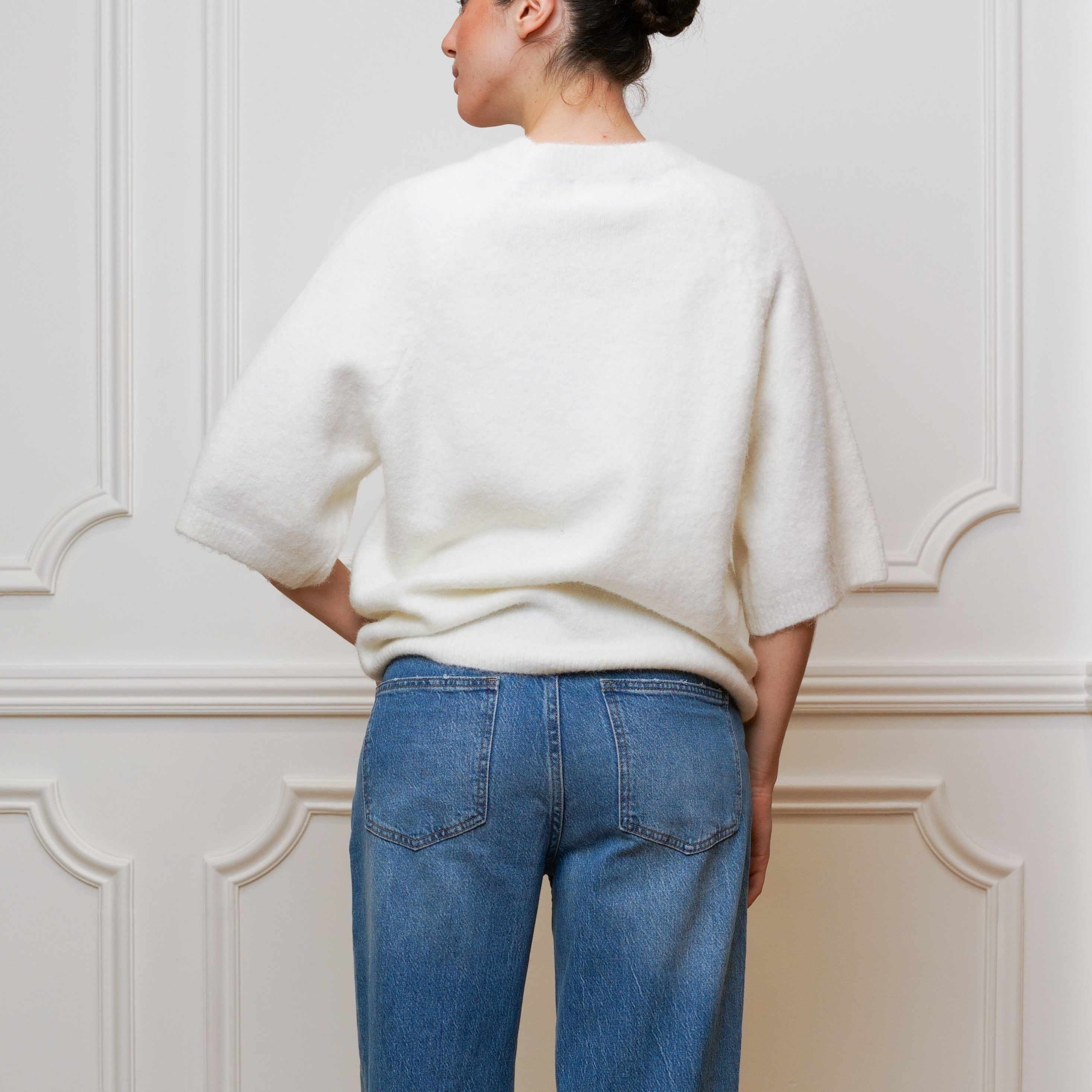 pull blanc ivoire femme vue dos coupe oversize manches 3/4