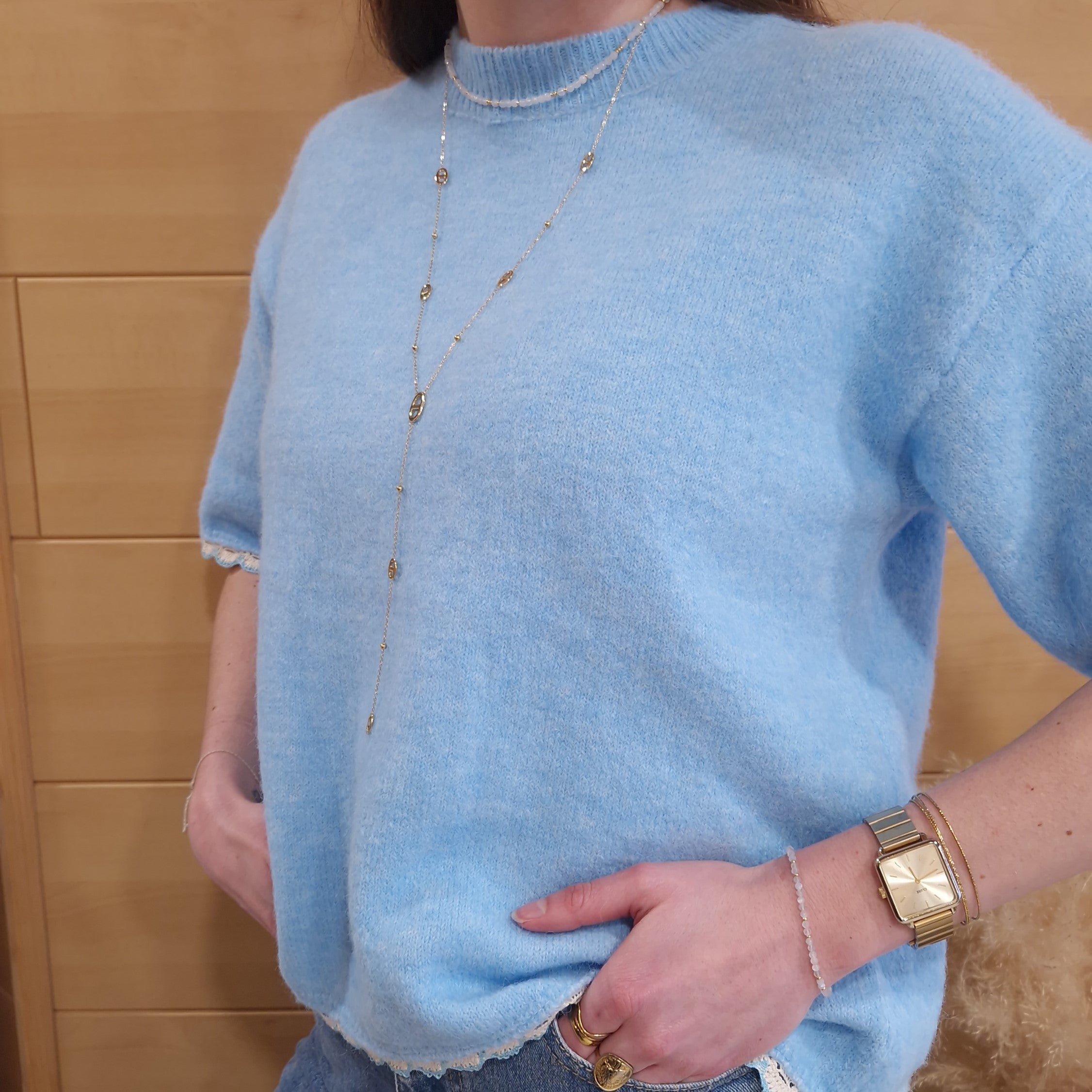 pull bleu ciel femme manches courtes maile douce style bohème chic