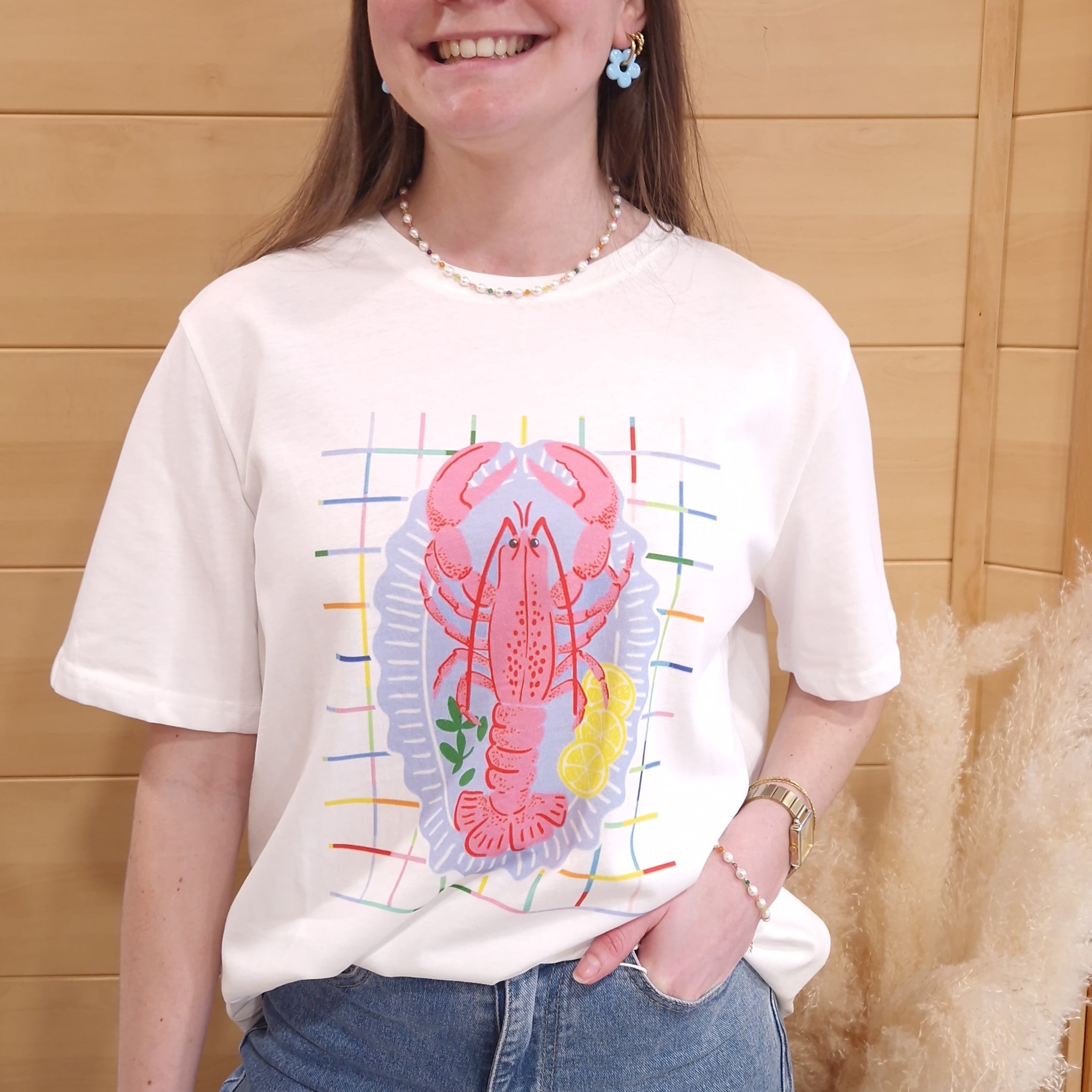 t shirt blanc imprimé homard femme manches courtes look casual tendance